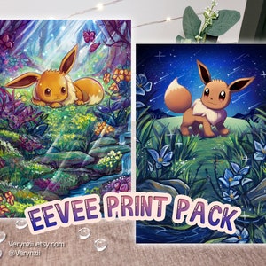 Pacote de 2 estampas brilhantes Eevee | Arte de cartão colecionável alterada A5 feita à mão