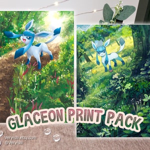 Könnte beinhalten: Zwei digitale Kunstdrucke mit einem blau-weißen Glaceon-Pokémon in einer Waldlandschaft. Die Drucke sind Teil eines Druckpakets.