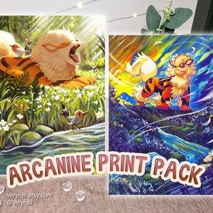 Pacote de 2 estampas brilhantes Arcanine | Arte de cartão colecionável alterada A5 feita à mão