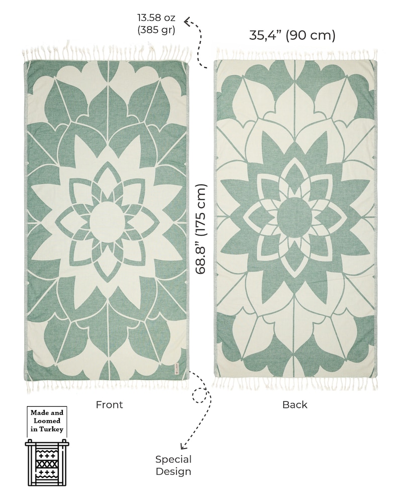 May include: A rectangular towel featuring a sage green and cream mandala pattern with tasseled ends. The towel measures 35.4 inches by 68.8 inches and weighs 13.58 ounces. The design is labeled as a special design, made and loomed in Turkey.