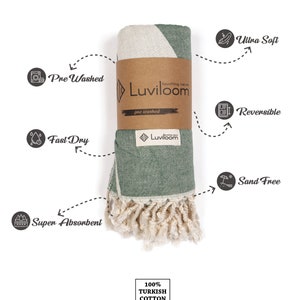 May include: A rolled sage green and cream-colored Turkish towel with a brown paper band featuring the Luviloom logo. The towel has a fringed edge and includes icons indicating features like pre-washed, ultra-soft, reversible, and sand-free.