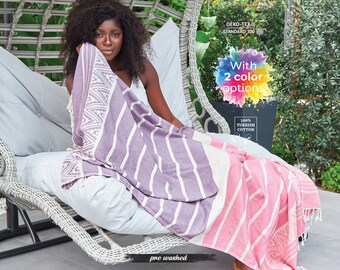 Pink Purple Aztec Striped Turkish Cotton Beach Blanket, Lounge Chair Decor