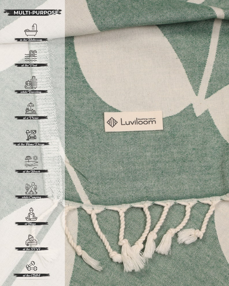 May include: A sage green and off-white woven textile featuring a large leaf pattern, a cream-colored brand label reading Luviloom, and knotted fringe trim. A vertical sidebar displays icons for bathroom, pool, travel, picnic, home decor, beach, camping, yoga, spa, and gym use.