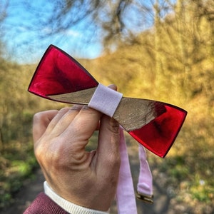 Può includere: Un papillon rosso e oro con un nastro rosa. Il papillon è fatto di resina e legno.