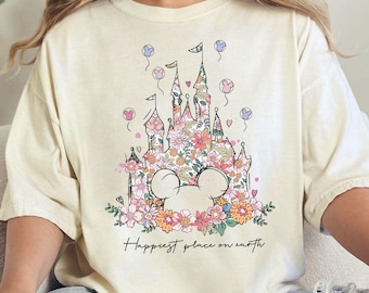 Happiest Place on Earth Disney Comfort Colors Tee, Floral Castle Shirt