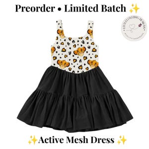 May include: A sleeveless dress with a white bodice featuring a black leopard print and orange lion cub faces. The text reads Preorder Limited Batch and Active Mesh Dress. A circular logo for LittleLoveBug Designs is visible in the upper right corner.