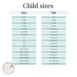 May include: A chart titled "Child sizes" with size and age conversions. Sizes range from NB to 14T, with corresponding age ranges from newborn to 14-16 years. The chart is on a white background with a light blue grid.