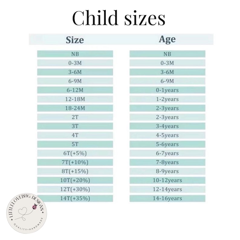 May include: A chart titled "Child sizes" with size and age conversions. Sizes range from NB to 14T, with corresponding age ranges from newborn to 14-16 years. The chart is on a white background with a light blue grid.