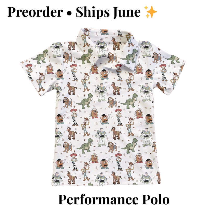 May include: White performance polo shirt featuring a pattern of cartoon characters. The shirt has a collared neckline and short sleeves. The text "Preorder &bull; Ships June" is at the top, and "Performance Polo" is at the bottom.