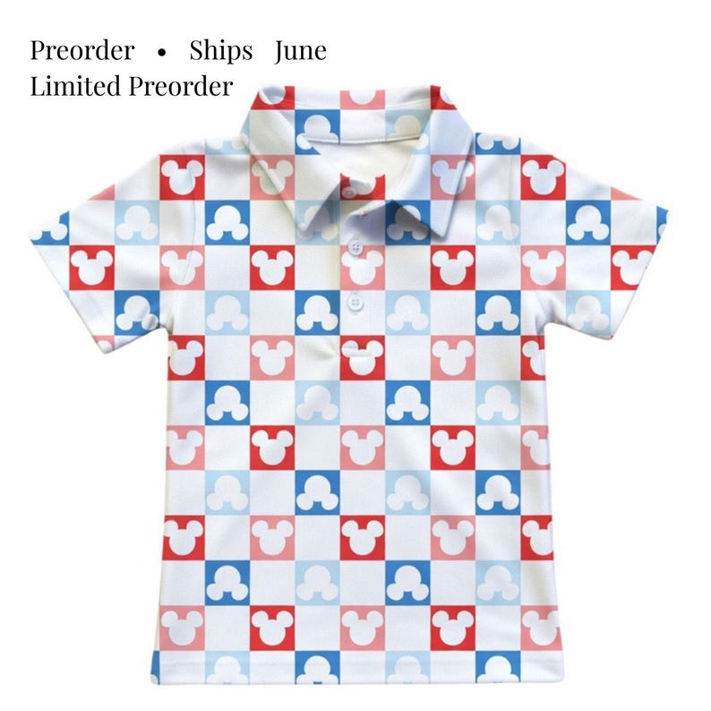 May include: A short-sleeve polo shirt featuring a repeating checkerboard pattern of red, light blue, and white squares, each containing a white Mickey Mouse head silhouette. The shirt has a collar and a three-button placket. Text reads: Preorder &bull; Ships June Limited Preorder.