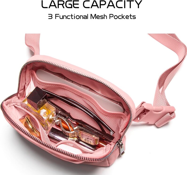 May include: A pink fanny pack with a zipper closure and adjustable strap. The bag is open, revealing three mesh pockets filled with items like a phone, glasses, and cosmetics. Text at the top reads "LARGE CAPACITY" and "3 Functional Mesh Pockets."