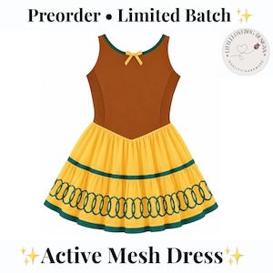 May include: A sleeveless dress featuring a brown bodice with a small yellow bow at the neckline, paired with a yellow skirt. The skirt has two horizontal dark green bands and a repeating dark green circular pattern along the bottom hem. Text reads Preorder Limited Batch and Active Mesh Dress.