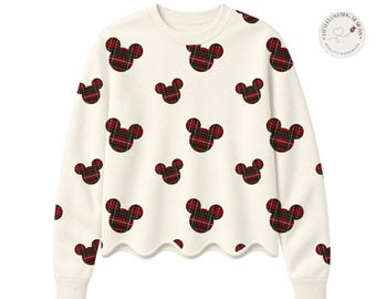 Preorder Christmas Plaid Mickey Sweatshirt Women Girls Scalloped Hem Crewneck