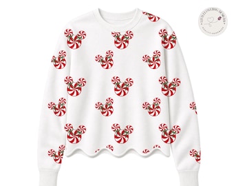 Preorder Peppermint Mickey Sweatshirt Women Girls Scalloped Hem Christmas Crewneck