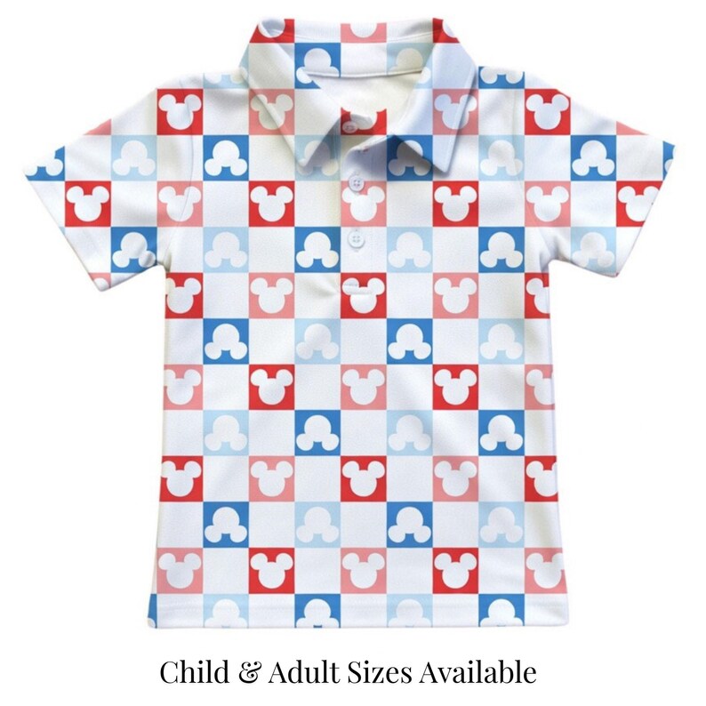 May include: A short-sleeve polo shirt featuring a repeating checkerboard pattern of white Mickey Mouse head silhouettes against alternating squares of red, light blue, and white. The shirt has a classic collar and a three-button placket front.