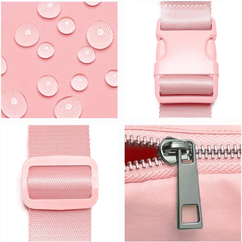 May include: Close-up shots of a pink fabric with water droplets, a pink plastic buckle, a pink strap with a plastic buckle, and a silver zipper. The fabric appears to be water-resistant.