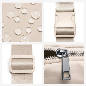 May include: Detailed images of a beige bag. The shots highlight water droplets on the fabric, a plastic buckle, a metal zipper pull, and a strap with a plastic slider. The bag's material seems to be water-resistant.