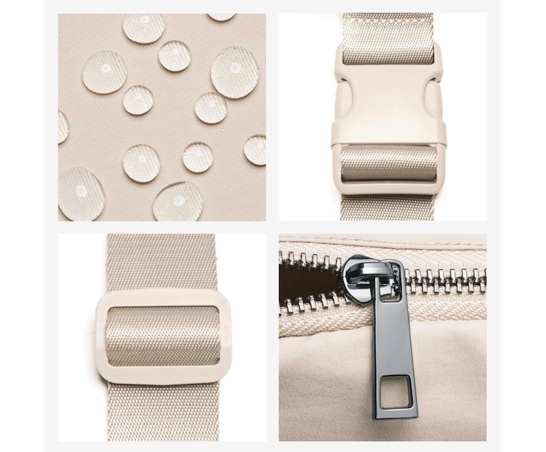 May include: Detailed images of a beige bag. The shots highlight water droplets on the fabric, a plastic buckle, a metal zipper pull, and a strap with a plastic slider. The bag's material seems to be water-resistant.