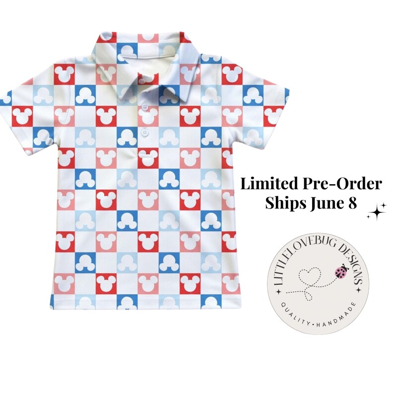 May include: A short-sleeve polo shirt featuring a repeating checkerboard pattern of red, light blue, and white squares, each containing a white mouse head silhouette. The shirt has a collar and a three-button placket down the center front.