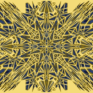 Könnte beinhalten: Abstrakter geometrischer Kunstdruck mit einem symmetrischen Design aus geschichteten Formen. Das Kunstwerk verwendet eine Farbpalette aus Gold, Marineblau und Hellgelb und erzeugt einen Sternenplatzeffekt. Die komplizierten Muster und die Farbgebung wirken modern.