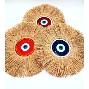 Evil Eye Raffia Wall Hanging, Unique Bohemian Raphia Home Decor, Spiritual Protection Amulet, Perfect Housewarming Gifts, Homeowners Gift