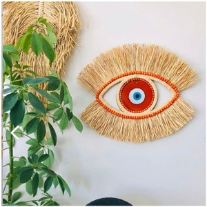 Handmade Evil Eye Raffia Wall Hanging, Artisan-Crafted Raphia Decor, Spiritual Charm for Home Protection, Unique Birthday Gift