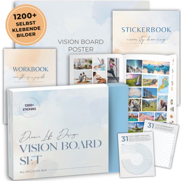 Vision Board Set | All in One Box inkl. A2 Poster | 1200+ selbstklebende Bilder & Sticker