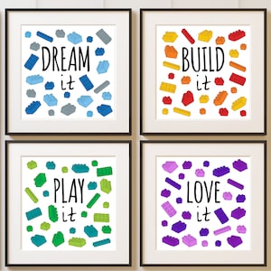 4 x Colourful Bricks art print set, Building room decor poster, Build, Dream, Play, Love, Building blocks colourful artwork - DIGITAL
