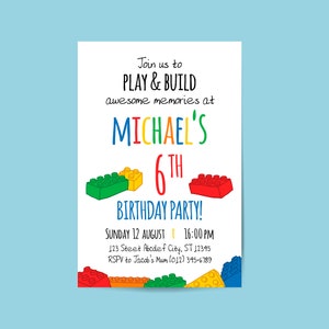 Colourful Bricks Custom Name Birthday Party Invitation, personalized invitation print, boy party invitation, building blocks sign - DIGITAL