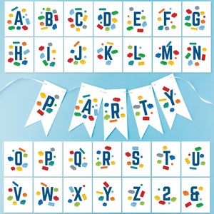 Kleurrijke bakstenen bouwstenen letters banner, aangepast verjaardagsdecor, aangepaste naam feest, afdrukbare bouwstenen alfabet - digitaal