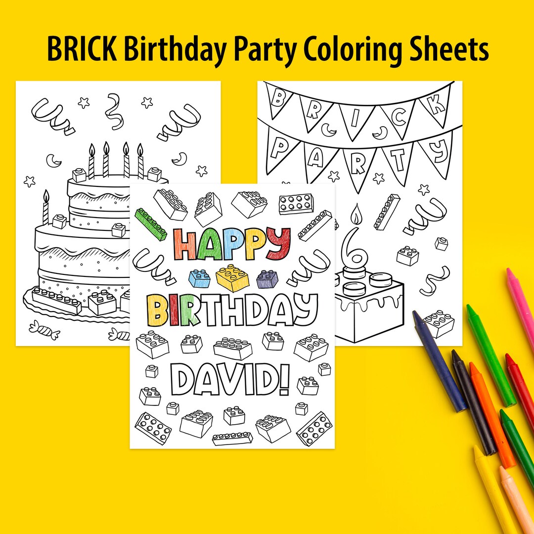 3x Birthday Party Coloring Sheets, Personalized Brick Theme B-day ...