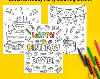 Personalized Brick Birthday Coloring Pages: Party Activity (DIGITAL)