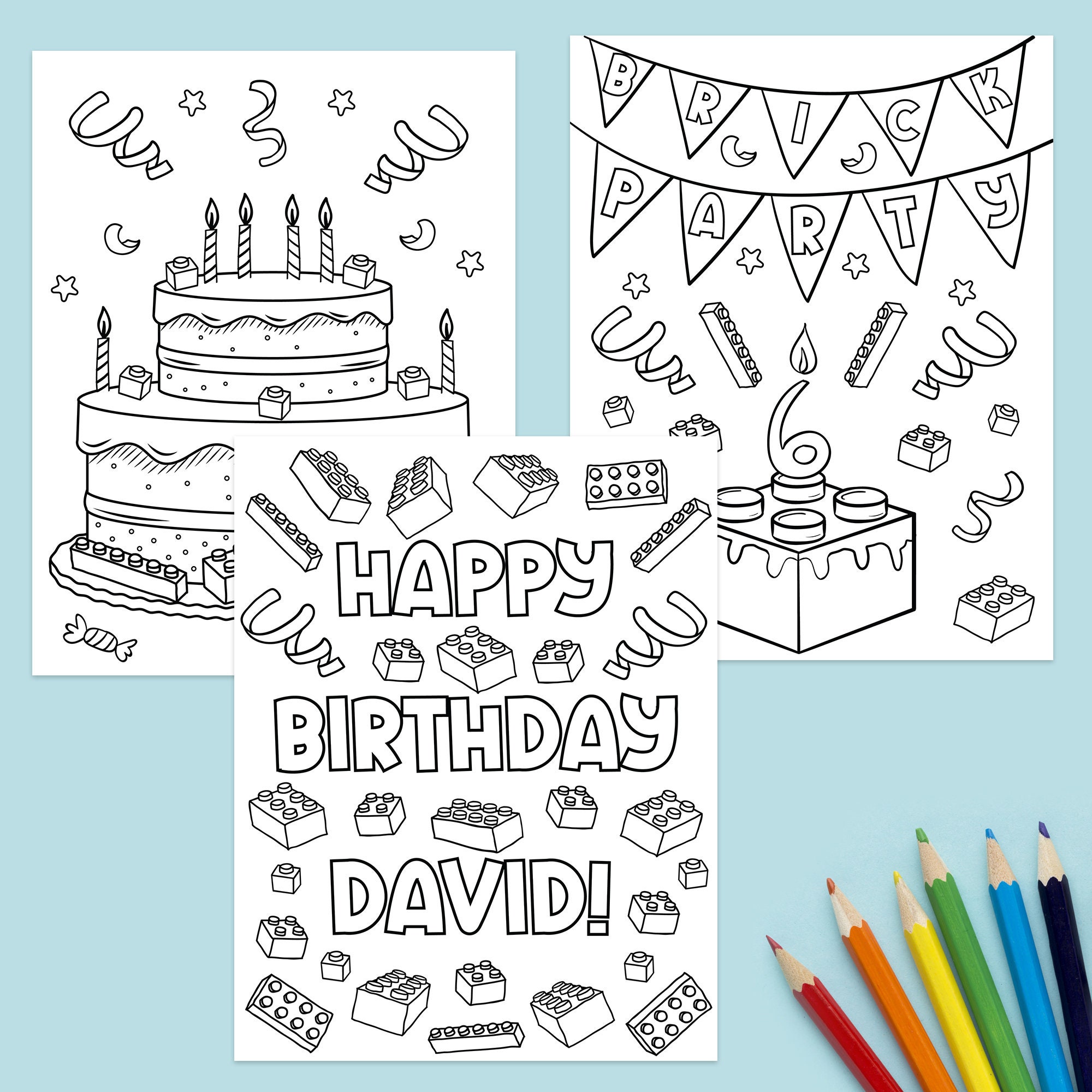 3x Birthday Party Coloring Sheets, Personalized Brick Theme B-day ...