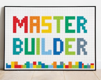 Printable Colourful Master Builder Poster, building bricks wall art, building blocks letters poster, Kids room decor - DIGITAL DOWNLOAD