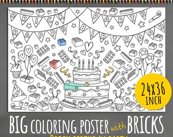 May include: Black and white coloring poster with a birthday theme. The poster features a cake, balloons, and building blocks. The text reads "BRICK BIRTHDAY PARTY". The poster measures 24 x 36 inches.