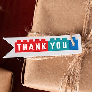 Etiqueta de agradecimiento con ladrillos de construcción de colores, etiqueta de regalo de agradecimiento imprimible, tarjeta de agradecimiento para fiesta de cumpleaños, etiquetas de regalo para niños, etiqueta de regalo imprimible