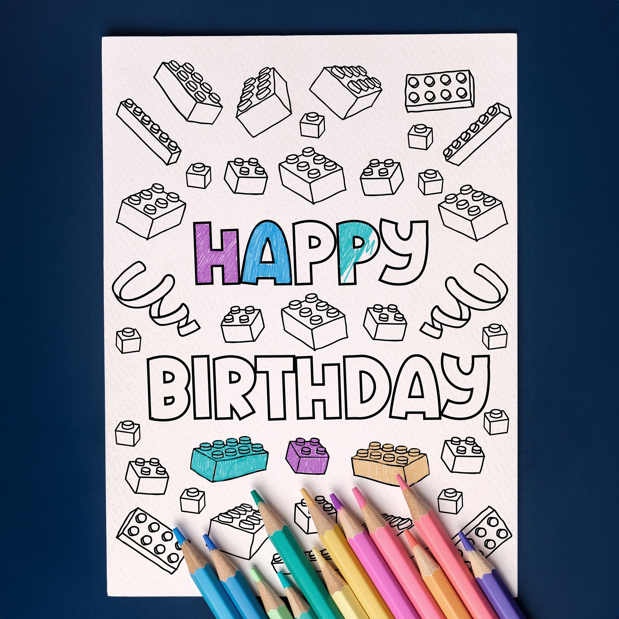 3x Birthday Party Coloring Sheets, Brick Theme B-day Activity, Kid's B ...