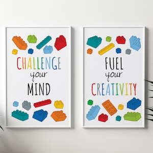 2 x Colourful Bricks art print set, Motivational Game room decor poster, Minimalistic Kids room colorful artwork, Building blocks - DIGITAL