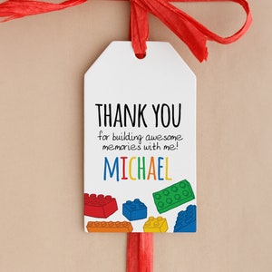 Etiquetas de agradecimento de tijolos coloridos para decoração de aniversário, etiqueta de agradecimento com nome personalizado, etiqueta de agradecimento de tijolos de construção para impressão - DIGITAL