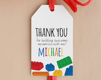 Colourful Bricks Thank You Labels for Birthday Decor, Custom Name Thank you gift tag, Printable building bricks thank you tag - DIGITAL