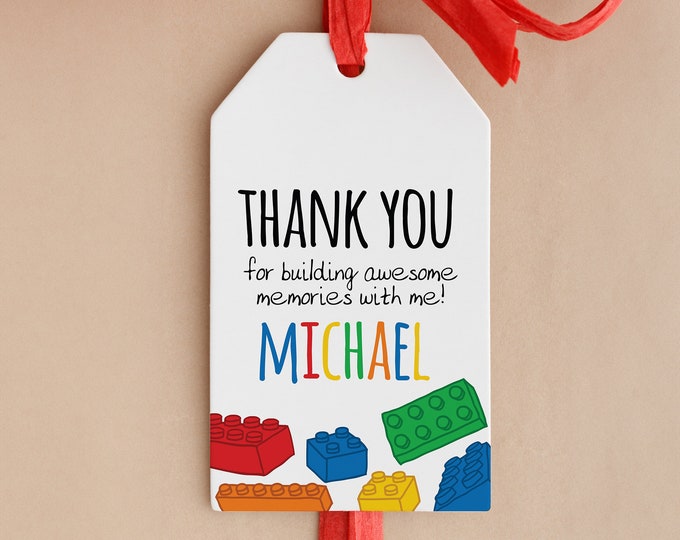 Colourful Bricks Thank You Labels for Birthday Decor, Custom Name Thank ...