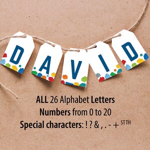 Kleurrijke bakstenen bouwstenen letters banner, aangepast verjaardagsdecor, aangepaste naam feest, afdrukbare bouwstenen alfabet - digitaal