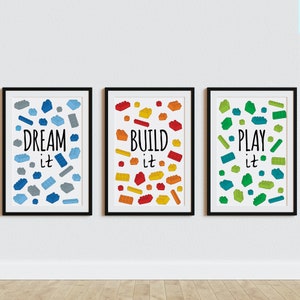 Conjunto de impressão de arte de 3 x tijolos coloridos, pôster de decoração de sala de jogos, arte colorida de quarto infantil, blocos de construção - DIGITAL