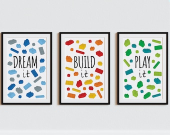 3 x Colourful Bricks art print set, Game room decor poster, Kids room colorful artwork, Building blocks - DIGITAL