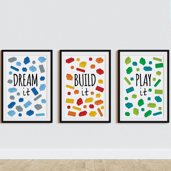 3 x Colourful Bricks art print set, Game room decor poster, Kids room colorful artwork, Building blocks - DIGITAL