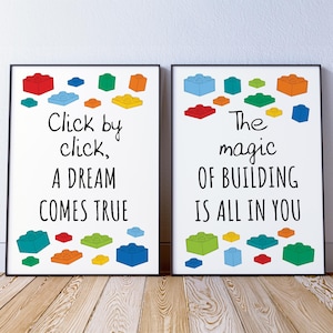 2 x Colorful Bricks art print set, Game room decor poster, Kids room colorful artwork, Building room decor - DIGITAL