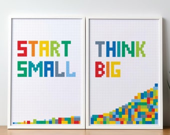 2 x Colorful art print set, Game room decor poster, Kids room colorful artwork, Building bricks letters, Colorful geometric print retro