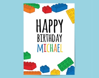 Custom Name Birthday Card: Colorful Bricks, Printable (Digital Download)