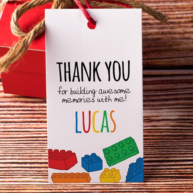 Colourful Bricks Thank You Labels for Birthday Decor, Custom Name Thank