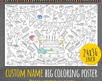 May include: Black and white coloring poster with a birthday theme. The poster features a cake, balloons, and building blocks. The poster is 24x36 inches in size and includes the text "CUSTOM NAME BIG COLORING POSTER BRICK BIRTHDAY PARTY."